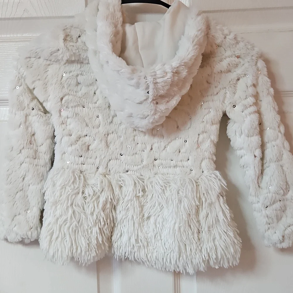 White Sparkle Sequin Zip Faux Fur Jacket Sz 6